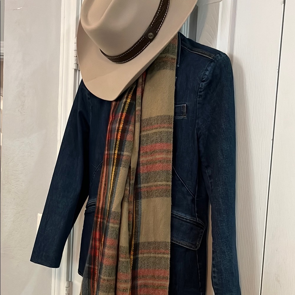 Men's Blue Denim Jacket with Plaid Scarf